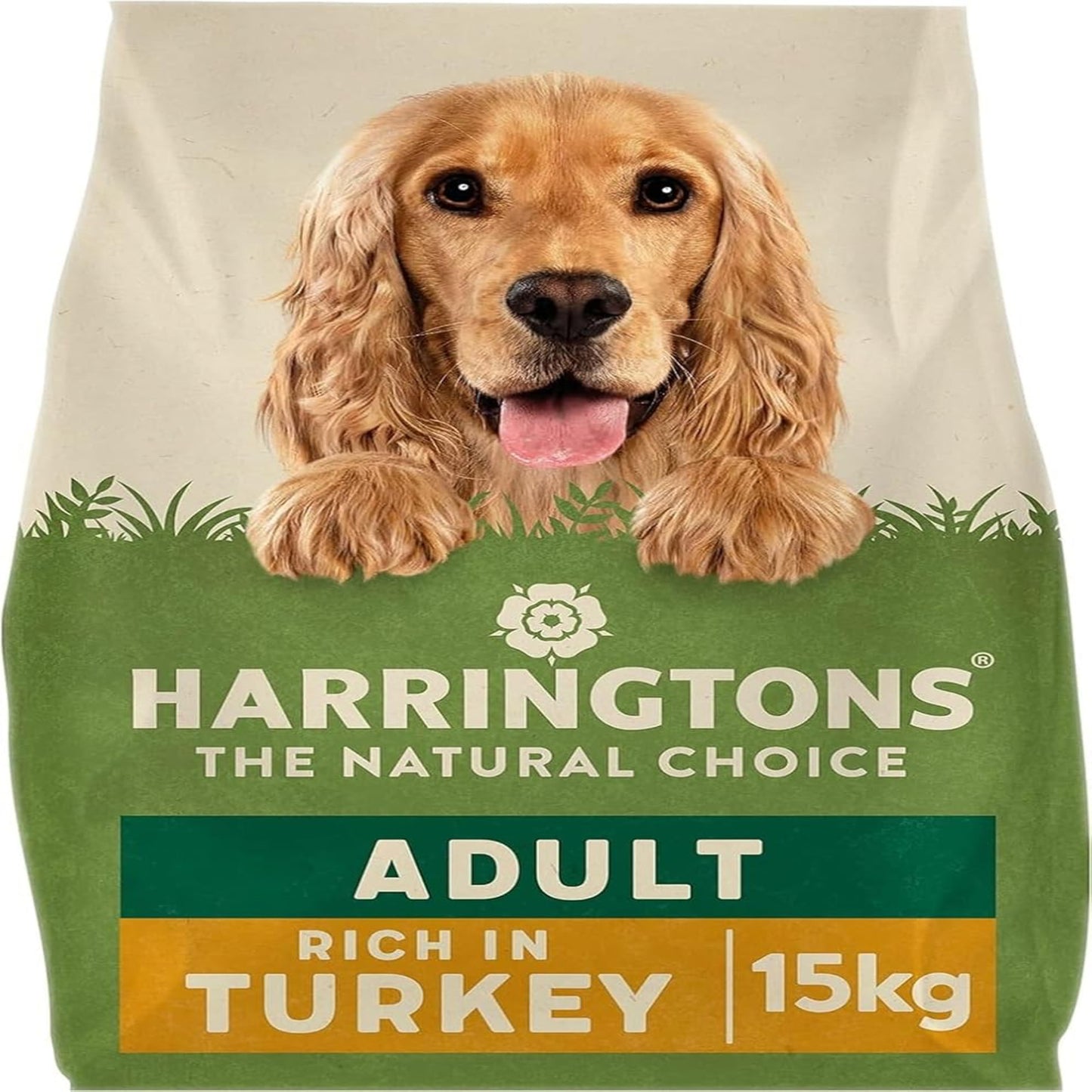 Harringtons dog food bag with a golden retriever on a beige background